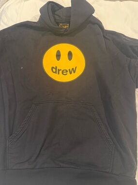 drew house Black Hoodie with Yellow Smiley Graphic